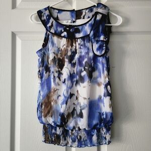 BCX Blue and Brown Abstract Sleeveless Blouse